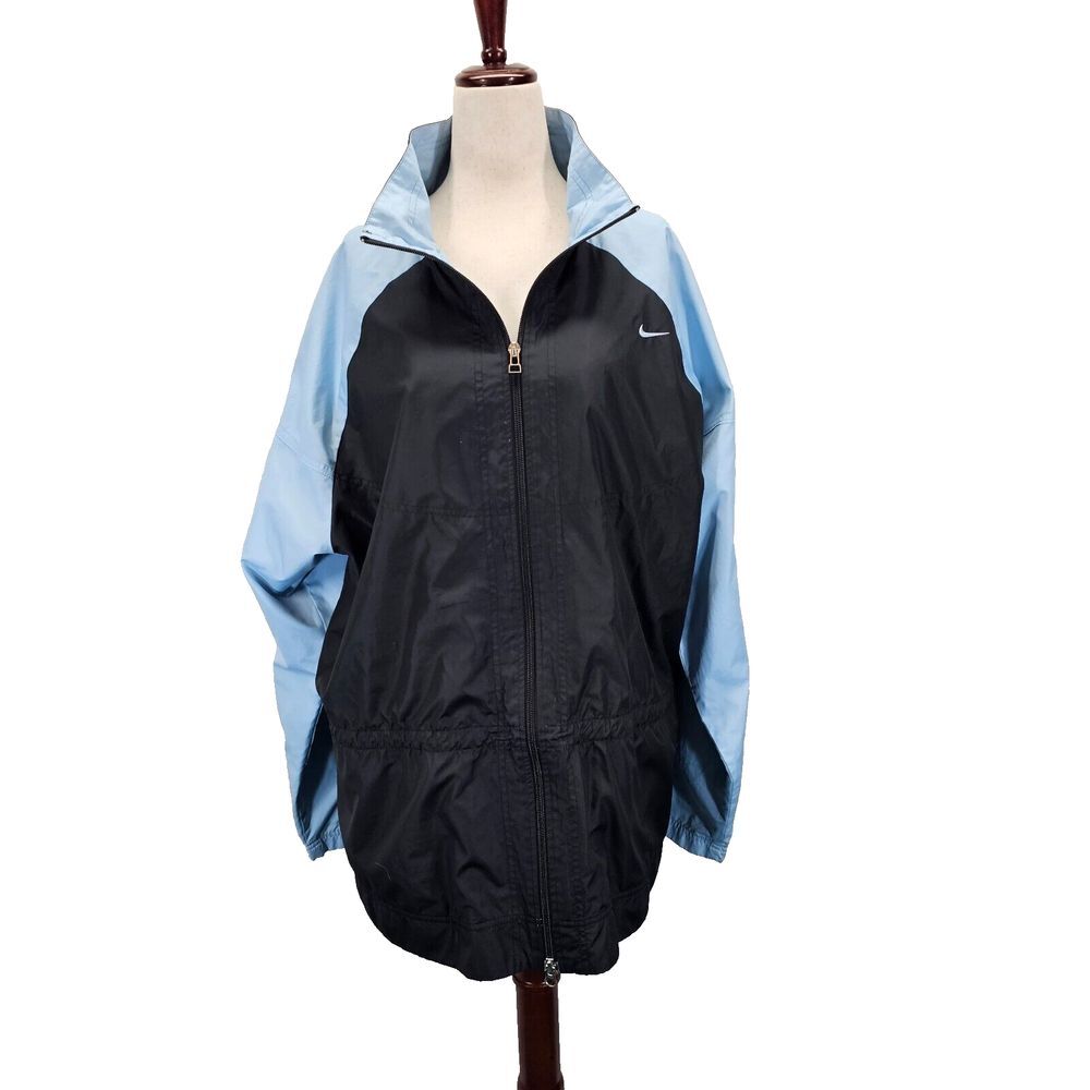 VTG NIKE Full Zip Jacket‎ Womens Black Blue Windbreaker Full Zip Cinch Waist XXL